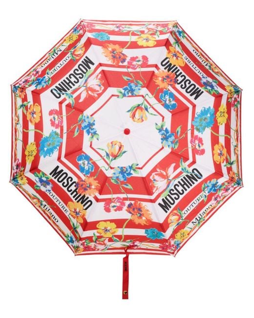Moschino Red Gestreifter Regenschirm mit Blumen-Print