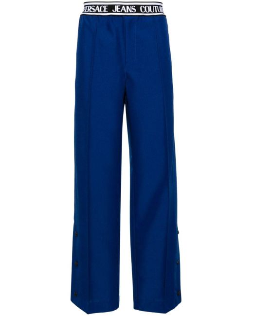 Versace Blue Logo-waistband Pleated Wide-leg Trousers for men