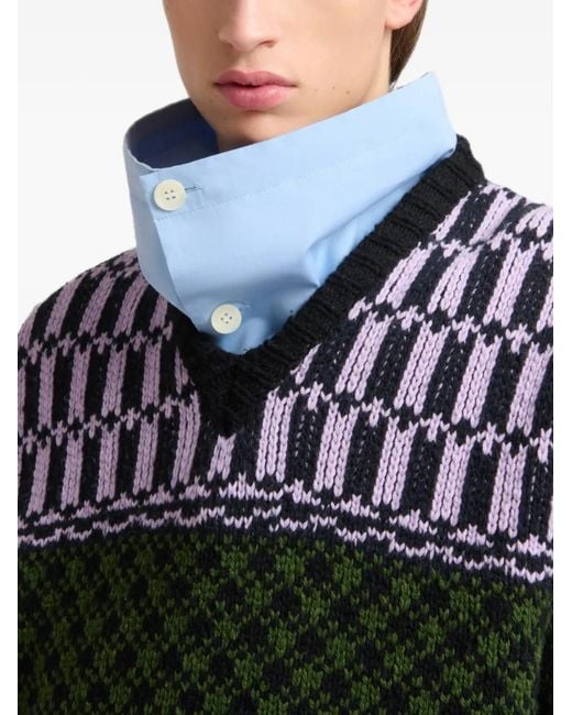 Marni Green Jacquard-Knit Geometric-Motif Sweater for men