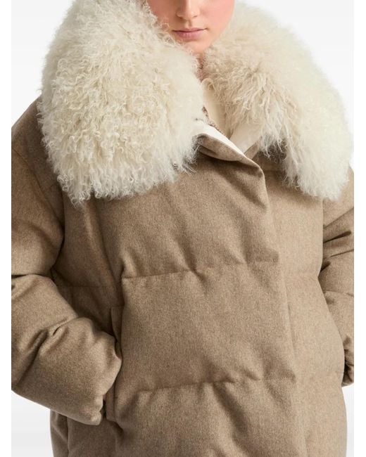 Yves Salomon White Shearling-Collar Padded Coat