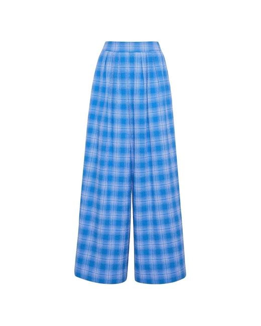 Cara Cara Blue Plaid-Pattern Pleated Wide-Leg Cotton Trousers