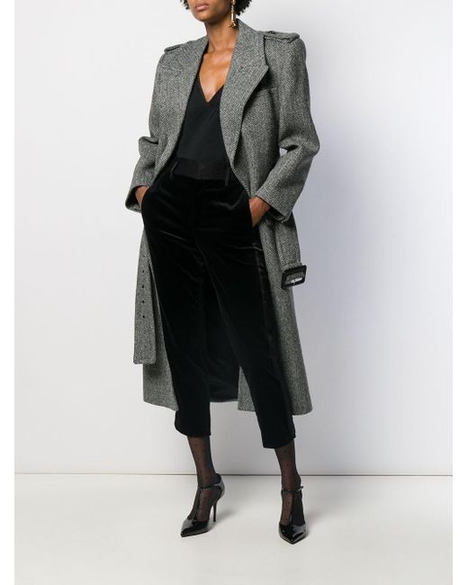 Saint Laurent Belted Herringbone Wool Coat in Grey | Lyst Canada