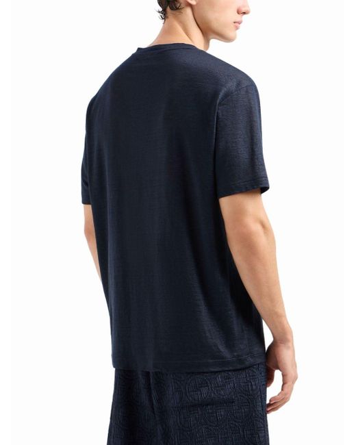 Giorgio Armani Blue Logo-embroidery Linen T-shirt for men