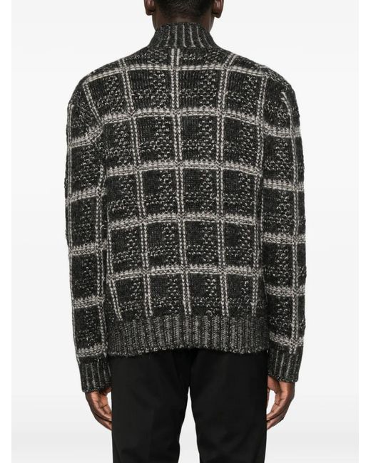Canali Black Check-Pattern Zip-Up Cardigan for men