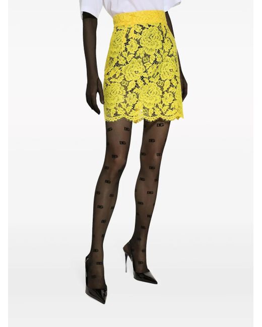 Dolce & Gabbana Yellow Floral Lace Mini Skirt