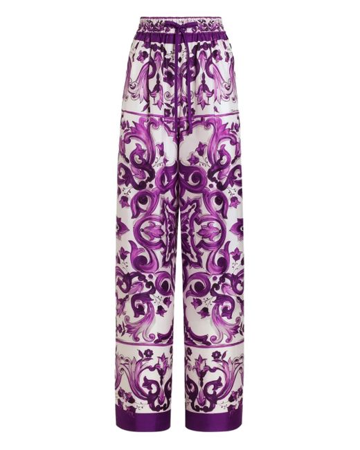 Dolce & Gabbana Maiolica Printed Silk Wide Pants Purple