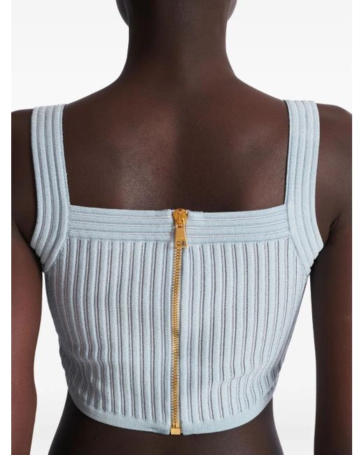 Balmain Blue Ribbed Square-Neck Top