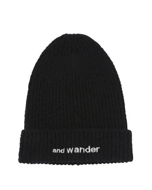 And Wander Black Logo-Embroidered Beanie for men
