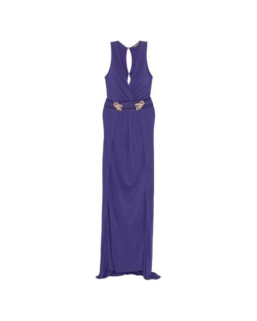 Roberto Cavalli Purple Dragon-Plaque V-Neck Gown