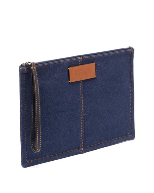 Fendi Blue Medium Logo-Patch Pouch for men