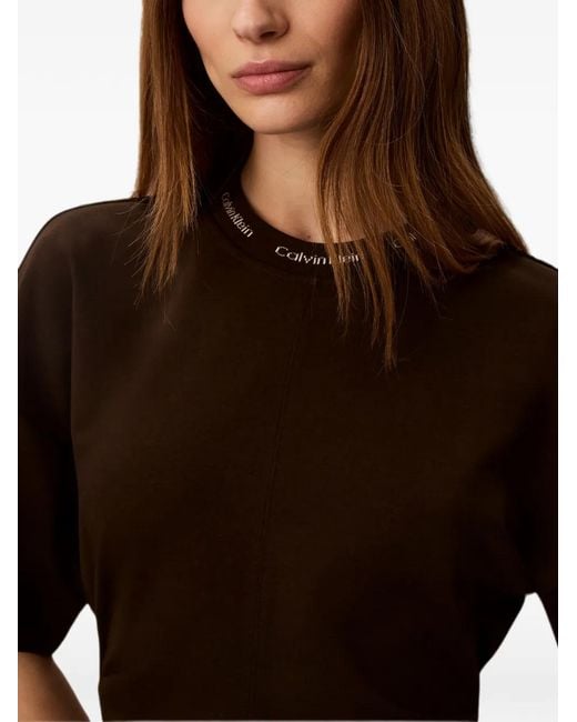 Calvin Klein Brown Logo-Collar Gathered-Waist Mini Dress