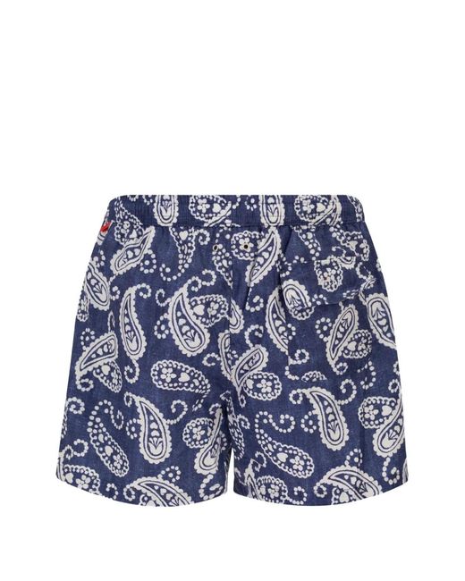 Kiton Blue Patterned Drawstring-Fastening Swim Shorts for men