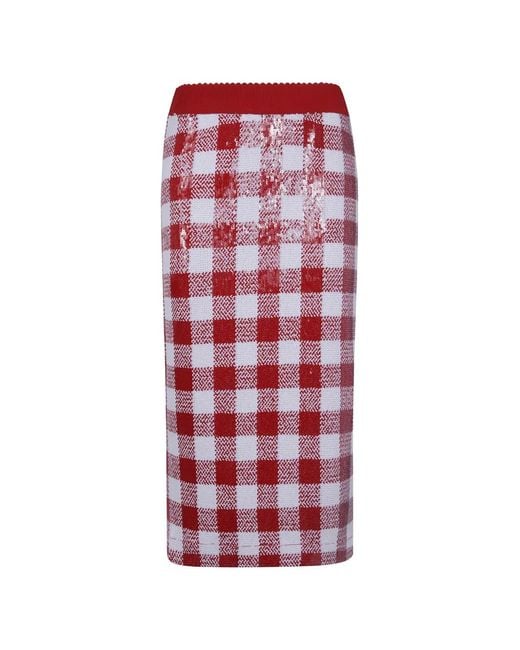 Essentiel Antwerp Red Sequin-Embellished Gingham Midi Skirt
