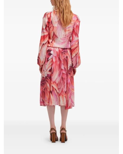 Roberto Cavalli Red Feather-Print Button-Down Midi Dress