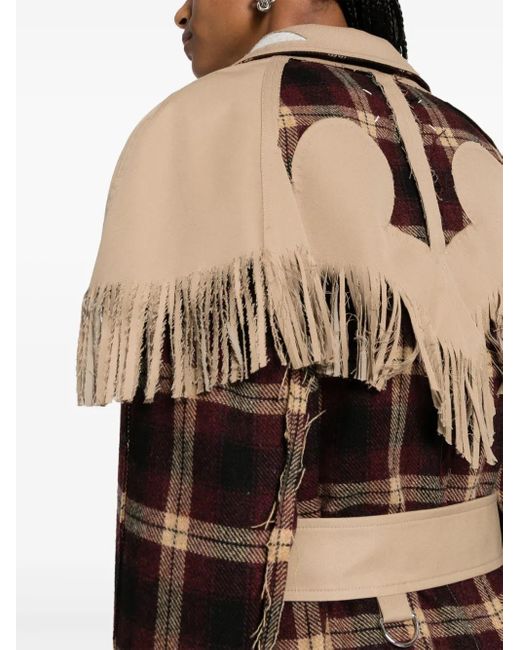 Maison Margiela Natural Check-Pattern Fringed Wool Coat