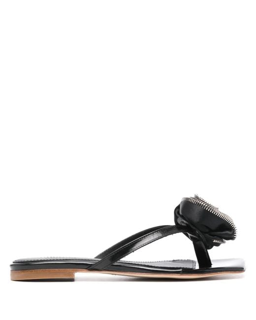 Coperni Black Rose-Appliqué Leather Flip Flops
