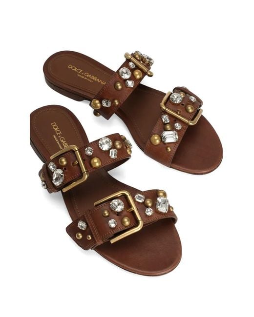 Dolce & Gabbana Brown Cowhide Embellished Flat Slippers