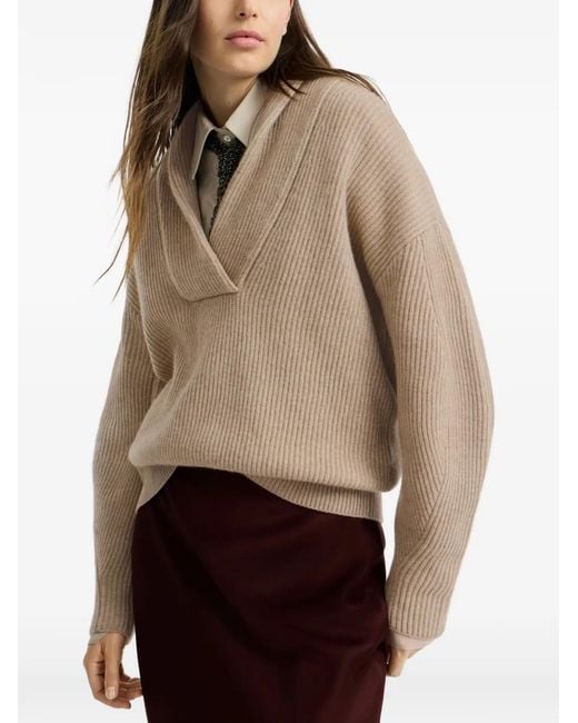 Brunello Cucinelli Natural Cashmere English-Rib Sweater With Monili