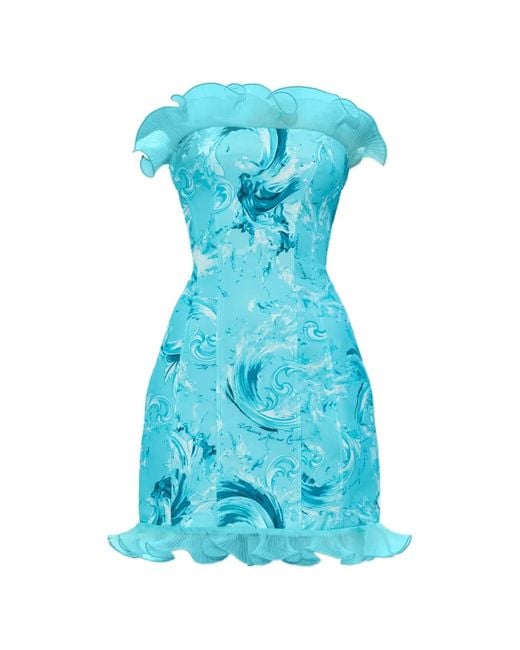 Versace Jeans Couture Blue Off-Shoulder Patterned Mini Dress