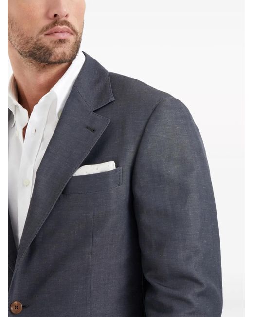 Brunello Cucinelli Blue Single-Breasted Wool-Linen Blazer for men