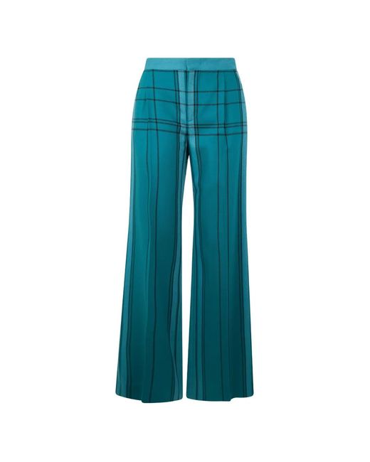 Alberta Ferretti Blue Checked Virgin-Wool Flared Trousers