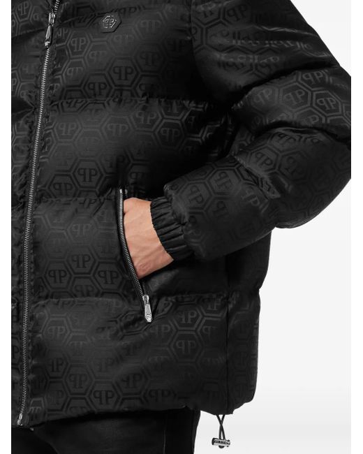 Philipp Plein Black Short Nylon Puffer Jacket Monogram for men