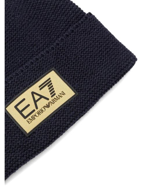 EA7 Blue Logo-Patch Beanie Hat