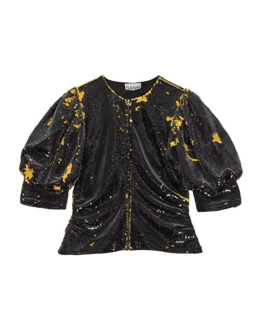 Ganni Black Sequinned Puff-Sleeve Blouse