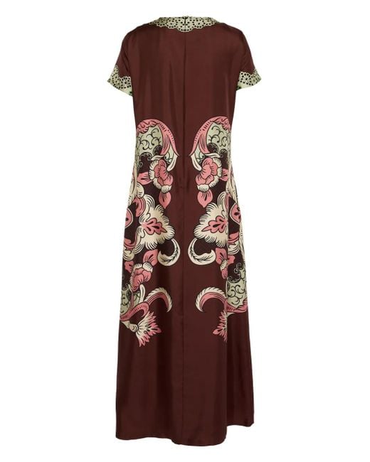 LaDoubleJ Brown Printed Silk Swing Midi Dress