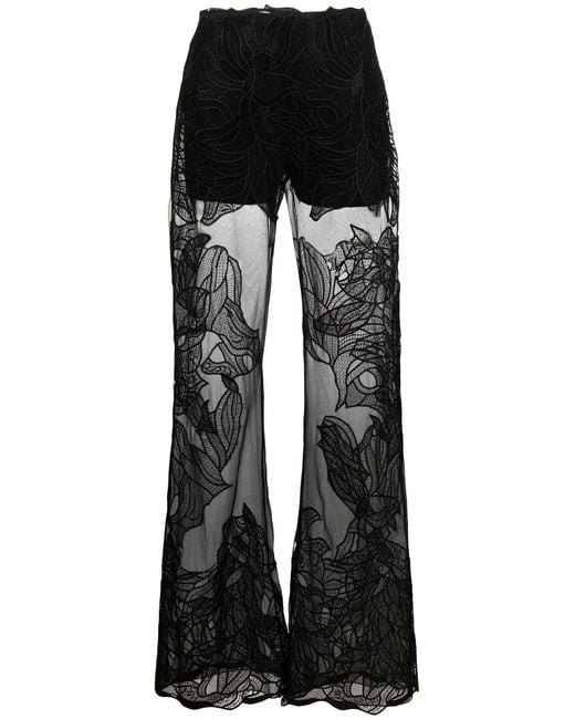 Alberta Ferretti Black Embroidered-Lace Sheer Trousers