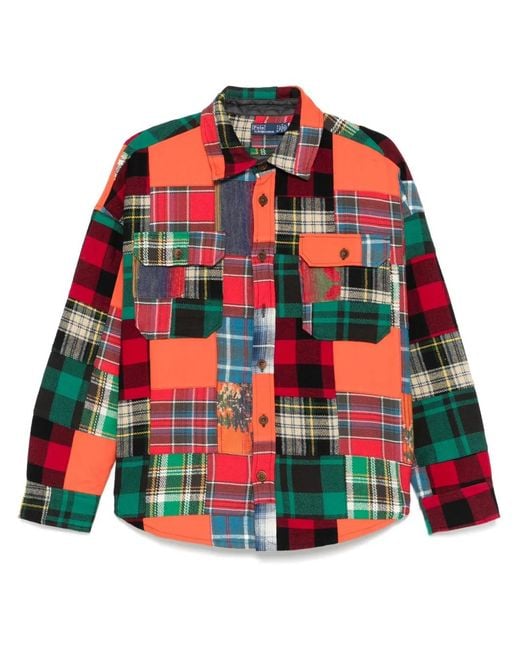 Polo Ralph Lauren Red Button-Down-Bluse Mit Langen Ärmeln Patchwork