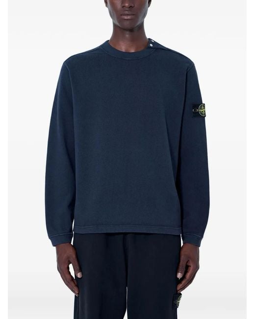 Stone Island Blue Logo-Patch Button-Detail Sweatshirt for men