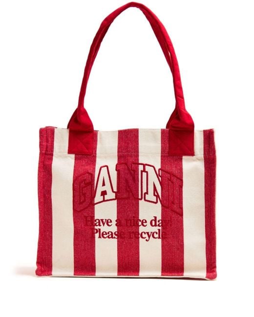 Ganni Red Large Striped Tote Bag