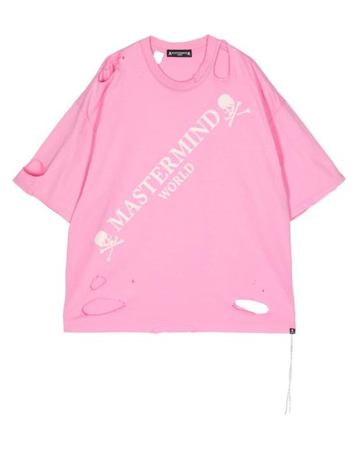 MASTERMIND WORLD Pink Skull-print Distressed-effect T-shirt for men
