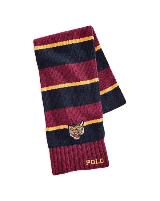Polo Ralph Lauren Red Rugby Striped Tiger-Detail Scarf for men