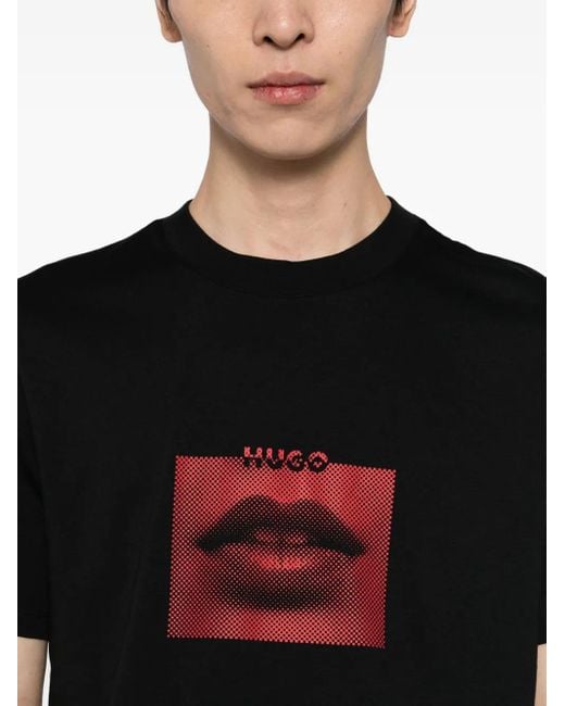 HUGO Black Graphic-Printed T-Shirt for men