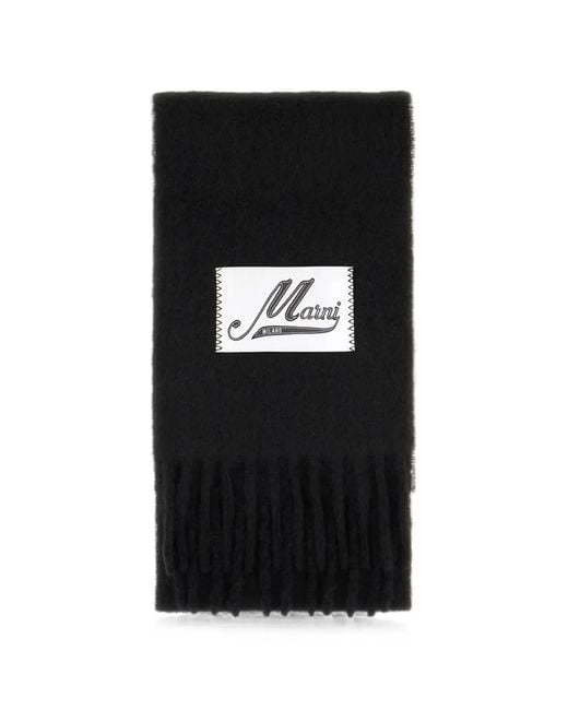 Marni Black Fringed Logo-Patch Scarf