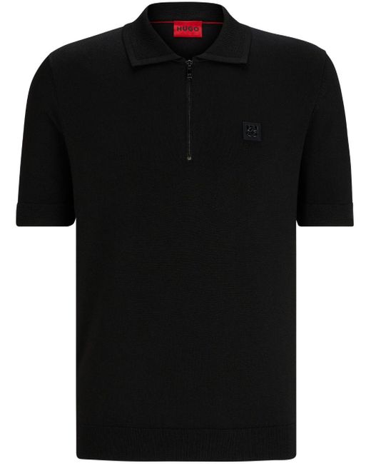 HUGO Black Logo-appliqué Zip-up Polo Shirt for men