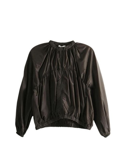 Amomento Black Gathered-Detail Zip-Up Jacket