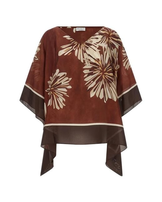 Brunello Cucinelli Brown Blouse En Soie À Fleurs