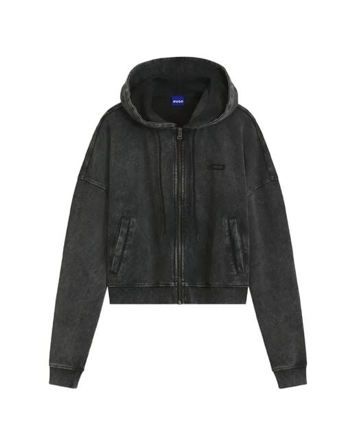 HUGO Black Relaxed-Fit Cropped Hoodie With Washed Box Logo