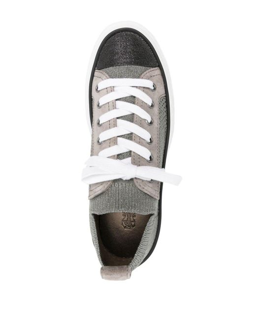 Brunello Cucinelli White Lurex-Sneakers mit Monili-Detail