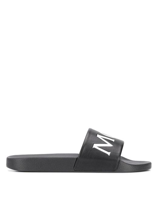 Moncler Black Leather Logo Slides for men