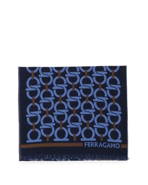 Ferragamo Blue Gancini-Pattern Fringed Scarf for men