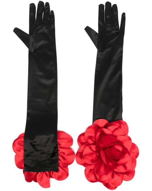 Parlor Red Floral-appliqué Satin Gloves