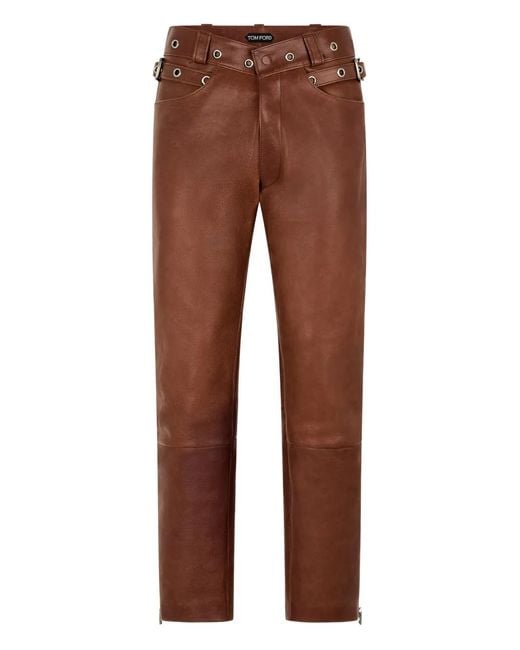 Tom Ford Brown Buckle Leather Trousers for men