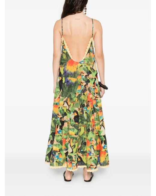Farm Rio White Bird Leaves Ruffled Maxi Dress