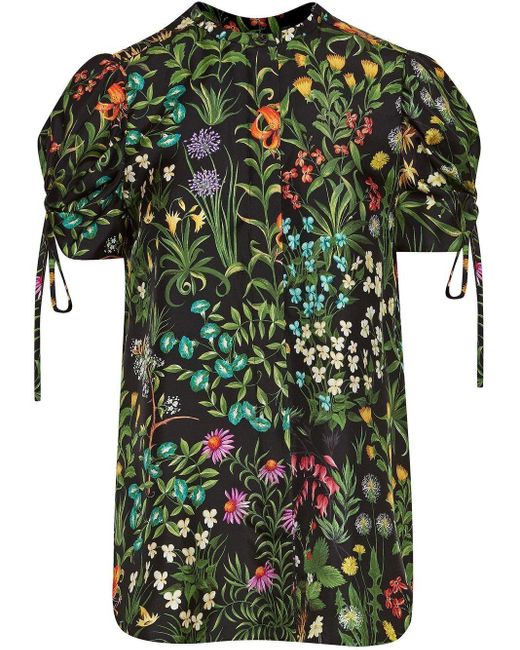 Oscar de la Renta Floral-print Silk Puff-sleeve Blouse in Black | Lyst UK