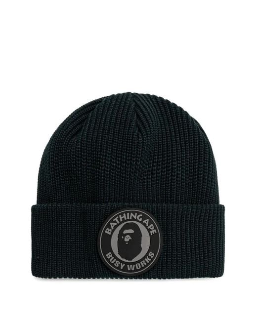 A Bathing Ape Black Gerippte Beanie Mit Logo-Patch