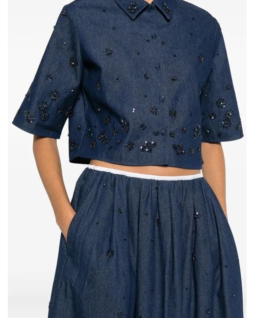 Maje Blue Embroidered Denim Midi Skirt